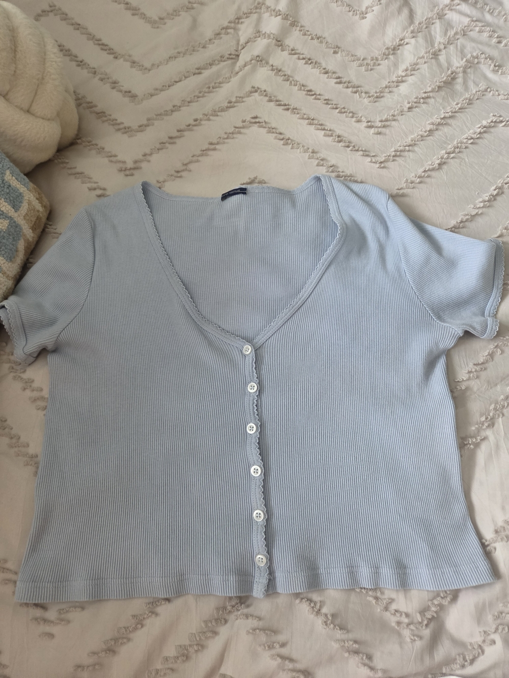 Brandy Melville Light Blue Ribbed V-Neck Button-Front Top